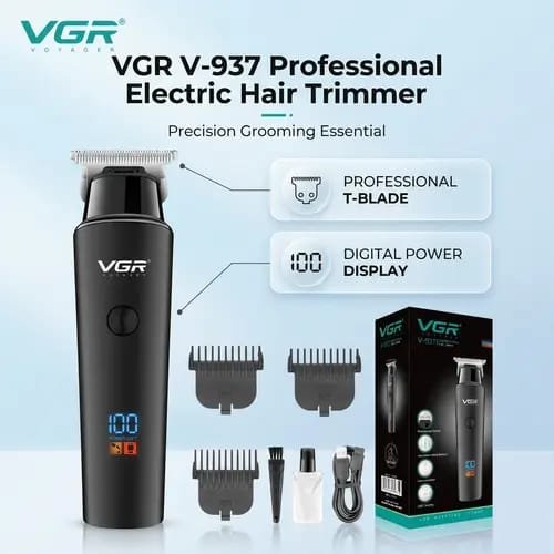VGR V-937 Voyager Professional Hair Trimmer | Zero Gapped T-Blade | 0mm Close Cut | LCD Display 100% | 3 Limit Combs | For Men Beard, Hair, Lineup | USB Charge